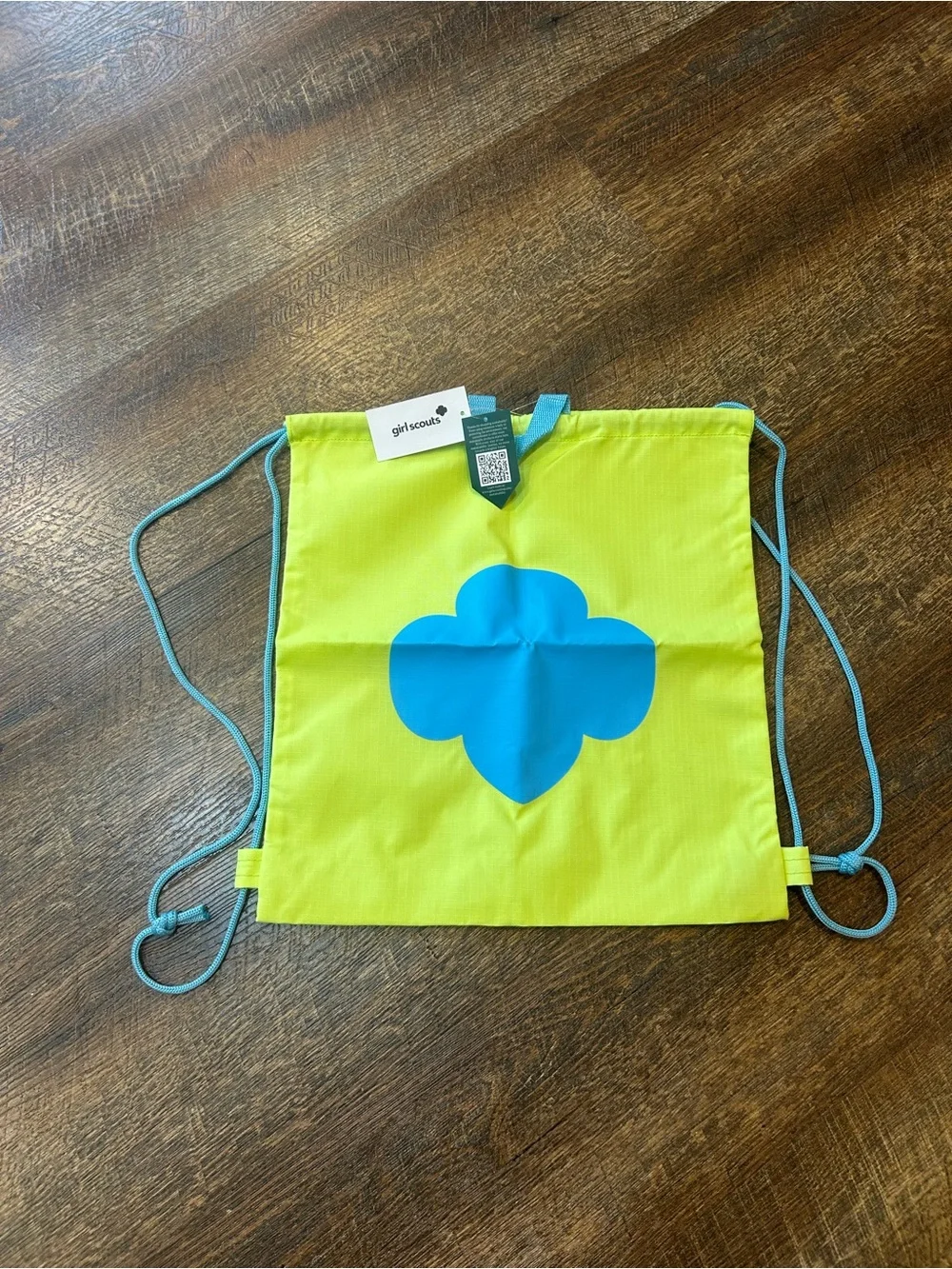 Girl Scouts Lime Green Drawstring Backpack with Blue Trefoil